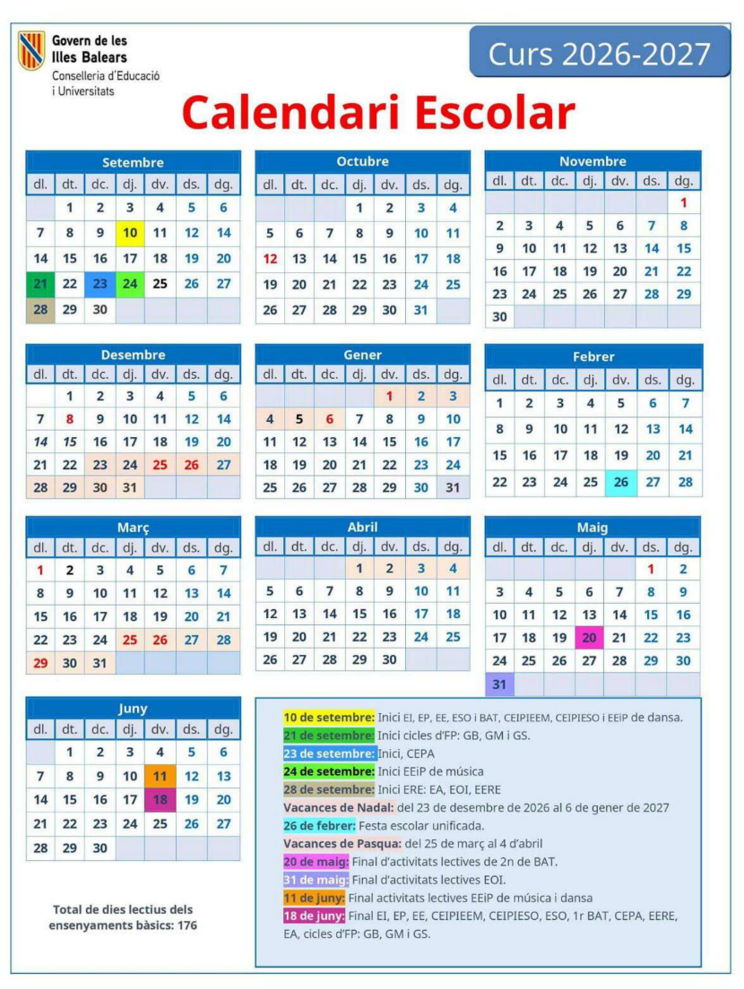 Calendar of the school year 2026-27.