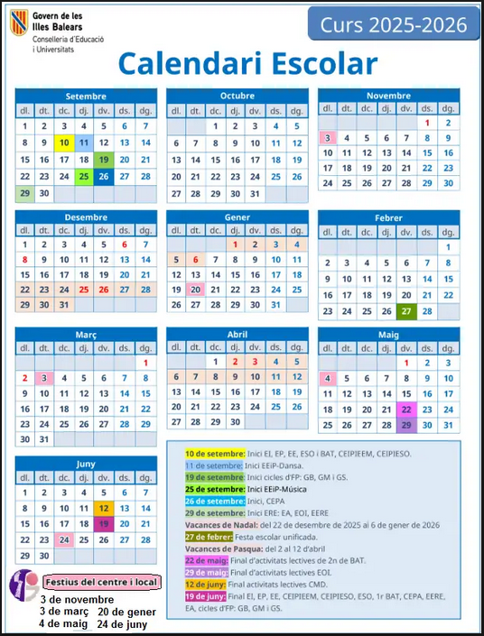 Calendario del curso escolar 2025-26.