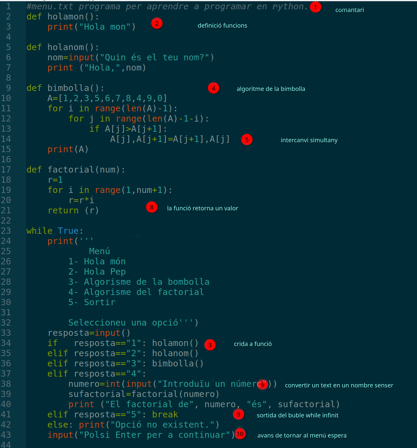 Screenshot of Python code: menu program with hello world, bubble sort and factorial